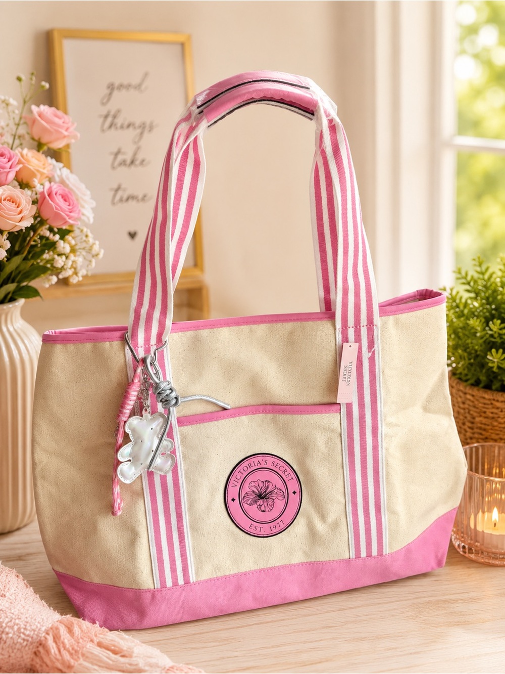 Victoria's Secret Pink & Cream Canvas Tote with Striped Handles and Charm